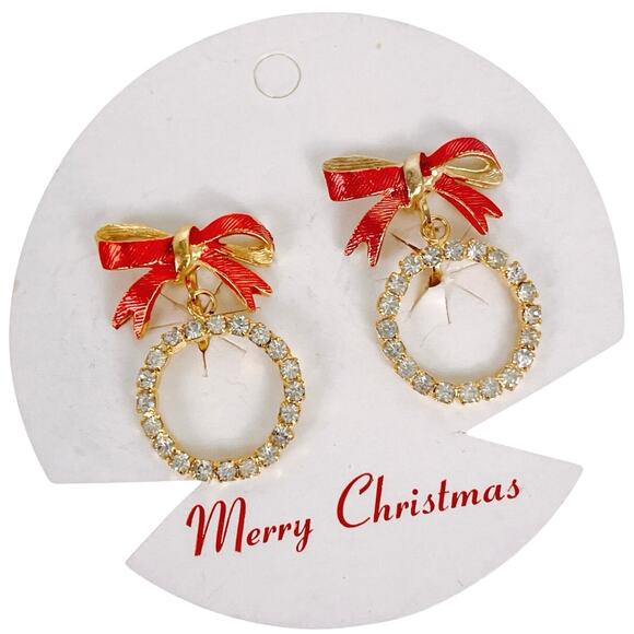 Vintage Christmas Clip On Rhinestone Wreath Earrings Red Bow Gold Tone Sparkling - Picture 1 of 13